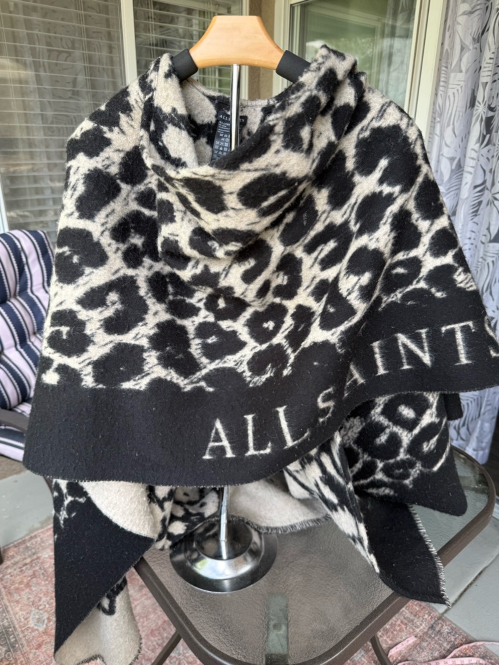 All Saints Black & Cream Leopard Print poncho style wrap - Picture 8 of 11